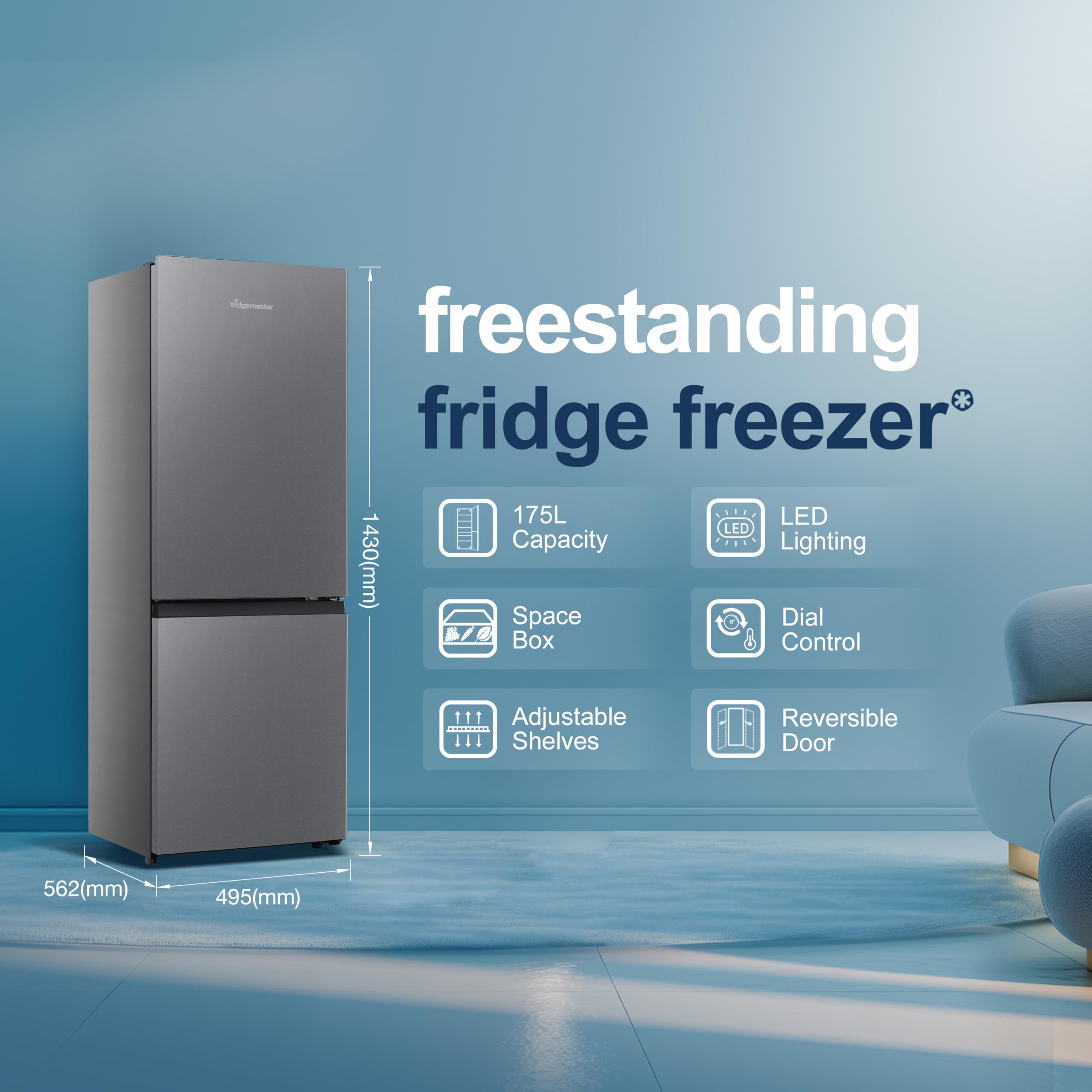 Fridgemaster MC50165EB 50cm Freestanding 60/40 Fridge Freezer - 175-litre capacity with Crisper box - Reversible Door - Image 2